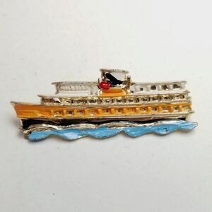 Vintage Enamel Cruise Ship Brooch, Ocean Liner Souvenir Lapel Pin, Colorful